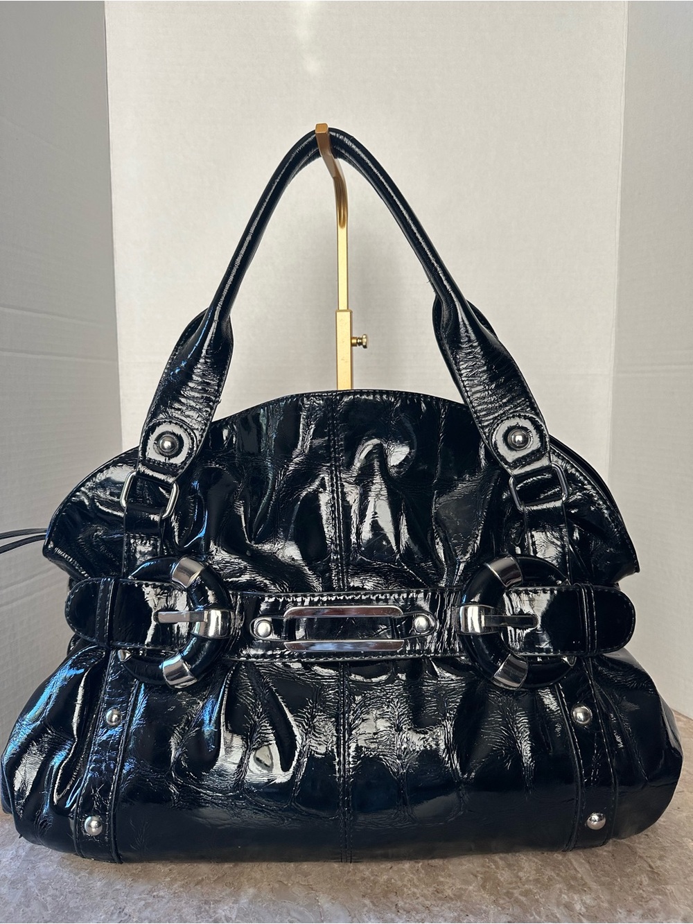 Black Glossy Patent Faux Leather Pleated Satchel Shoulder Bag Goth Glam Purse